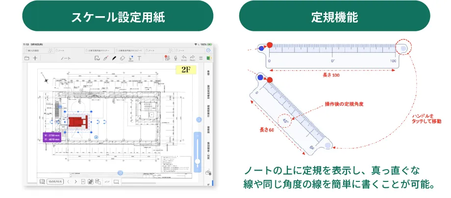 用紙やPDFで読み込んだ図面に縮尺を設定することができます。縮尺に連動した定規やアイテムを使って現場でササッと簡易作図を行ったり、重機などの配置図も作成可能